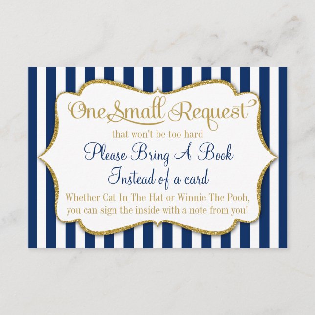 Navy Blue Gold Baby Shower Book Card Bring A Book (Front)