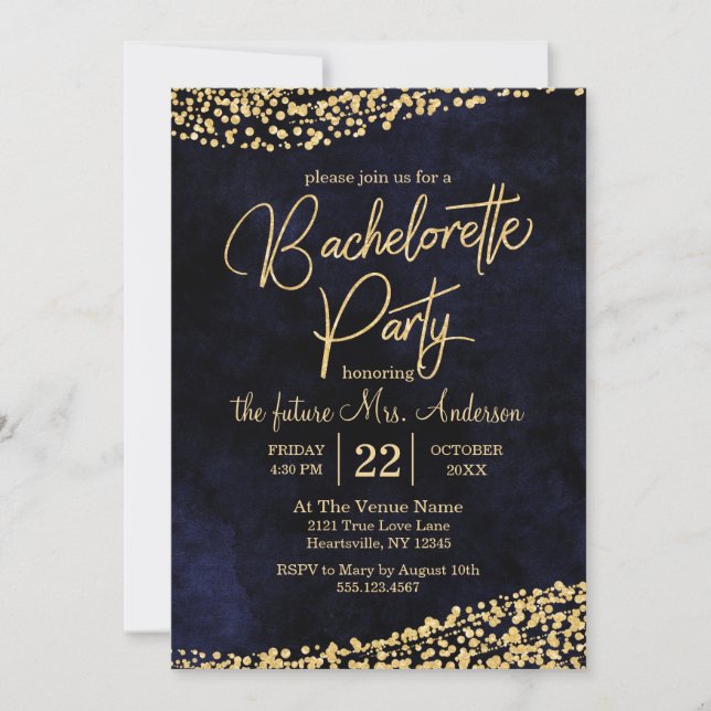 Navy Blue & Gold Bachelorette Party Invitation (Front)