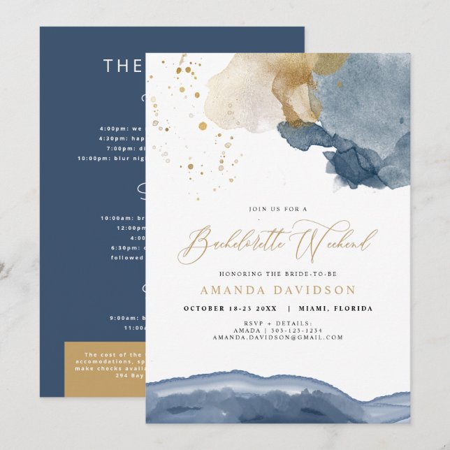Navy Blue Gold Bachelorette Weekend with Itinerary Invitation (Front/Back)
