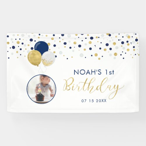 Navy Blue  Gold Balloon 1st Birthday Photo Banner