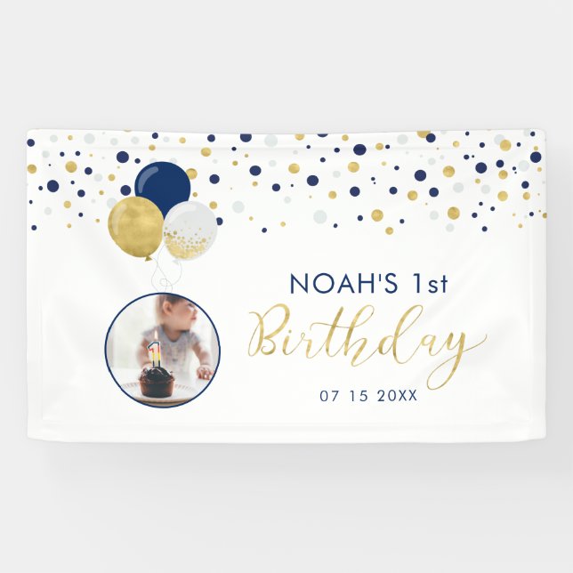 Navy Blue & Gold Balloon 1st Birthday Photo Banner (Horizontal)