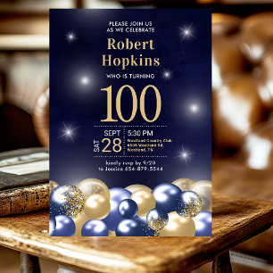 Navy Blue Gold Balloons 100th Birthday Party Invitation