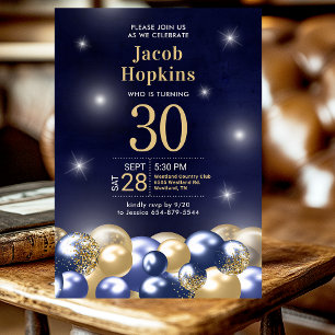 Navy Blue Gold Balloons 30th Birthday Party Invitation