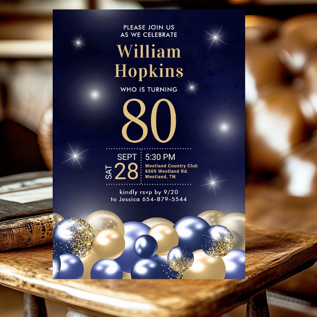 Navy Blue Gold Balloons 80th Birthday Party  Invitation (Creator Uploaded)