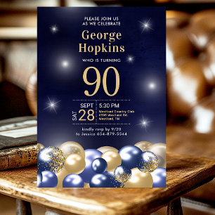 Navy Blue Gold Balloons 90th Birthday Party Invitation
