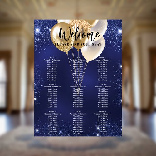 Navy blue gold balloons 9 tables seating chart