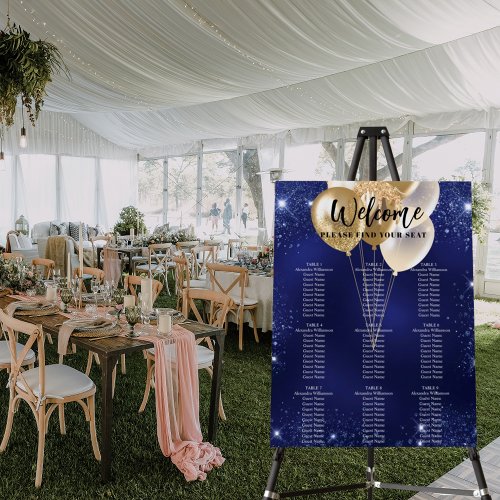 Navy blue gold balloons 9 tables seating chart foam board