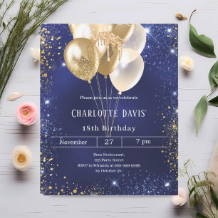 Navy blue gold balloons birthday invitation