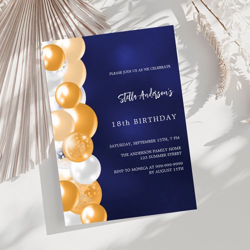Navy blue gold balloons birthday invitation