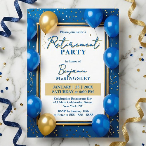 Navy Blue Gold Balloons Confetti Retirement Party