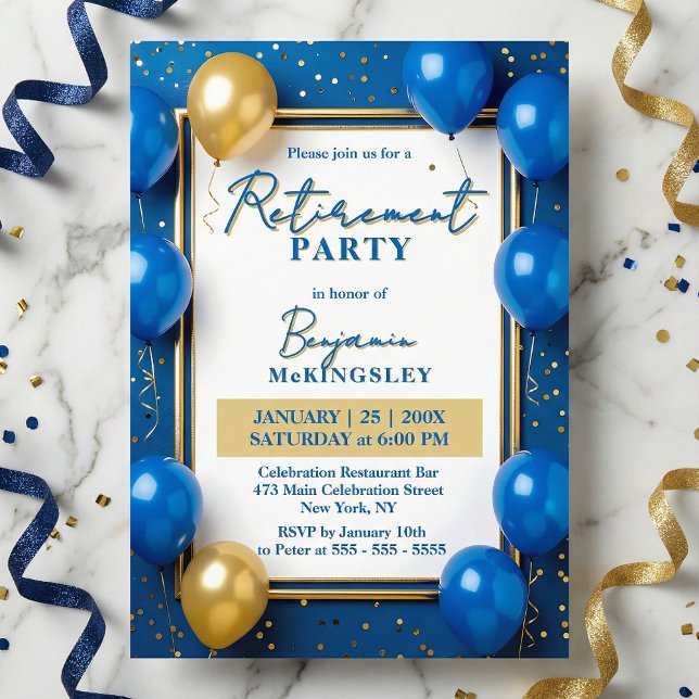 Navy Blue Gold Balloons Confetti Retirement Party Invitation (Creator Uploaded)
