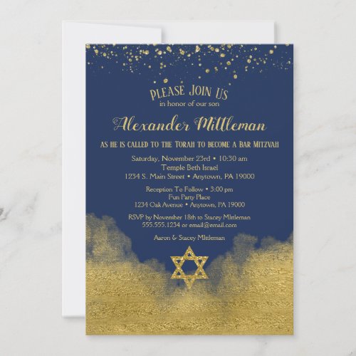 Navy Blue Gold Bar Mitzvah Invitation