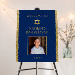 Navy Blue & Gold Bar Mitzvah Photo Welcome Foam Bo Board<br><div class="desc">Bar Mitzvah Welcome Sign with Personalized photo on a navy blue background with gold sparkly glitter stripe border edges. Add custom wording, fonts, or more photos and remove the gold glittler border by clicking "Customize Further." For matching and coordinating items, contact the Paper Grape Zazzle Designer using Zazzle messenger. More...</div>