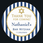 Navy Blue Gold Bar Mitzvah Thank You Favor Tags<br><div class="desc">Elegant bar mitzvah stickers featuring navy blue and white stripes with sophisticated gold glitter accent frame and Star of David. These fashionable and stylish bar mitzvah favor tags stickers will be a hit for your son's celebration. They say "Thank you for coming" with the child's name and date.</div>