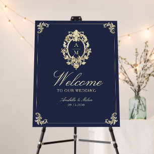 Navy Blue Gold Baroque Wedding Welcome Foam Board