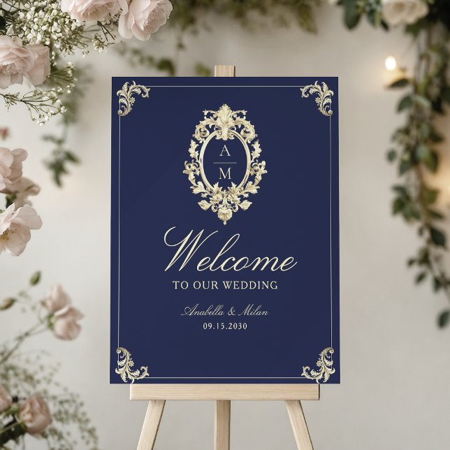 Navy Blue Gold Baroque Wedding Welcome Foam Board (Creator Uploaded)