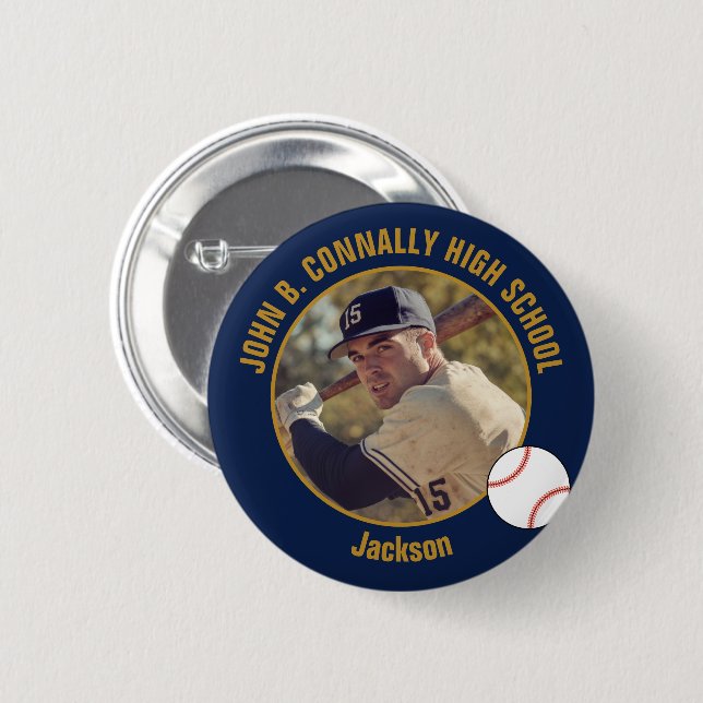 Navy Blue Gold Baseball Player Photo High School Button (Front & Back)
