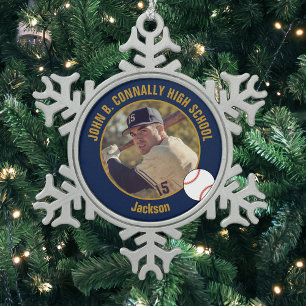 Navy Blue Gold Baseball Player Photo High School Snowflake Pewter Christmas Ornament