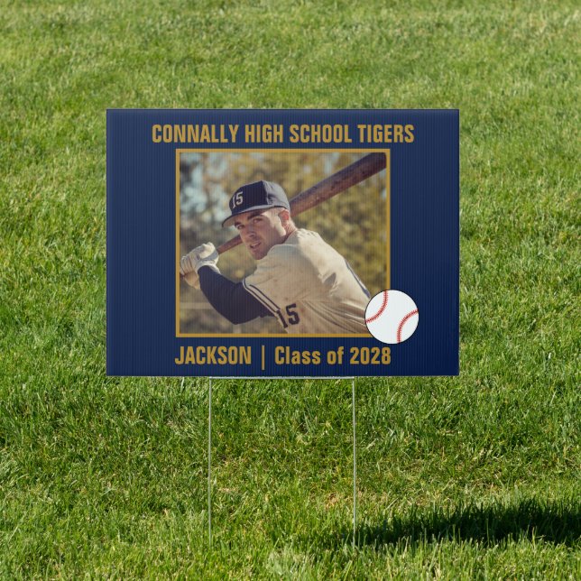 Navy Blue Gold Baseball Player Photo League Yard Sign (Insitu)
