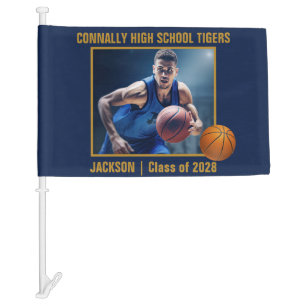 Navy Blue Gold Basketball Player Photo Car Flag