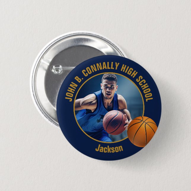 Navy Blue Gold Basketball Player Photo High School Button (Front & Back)