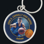 Navy Blue Gold Basketball Player Photo Keychain<br><div class="desc">This cool customized high school basketball player photo gift features gold typography of your team and player name on a navy blue keychain with a ball. Personalize with your student's photograph and class year as a proud sports parent. A great present for mom and dad.</div>