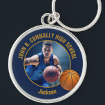 Navy Blue Gold Basketball Player Photo Keychain<br><div class="desc">This cool customized high school basketball player photo gift features gold typography of your team and player name on a navy blue keychain with a ball. Personalize with your student's photograph and class year as a proud sports parent. A great present for mom and dad.</div>