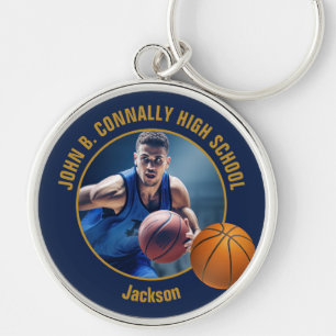 Navy Blue Gold Basketball Player Photo Keychain