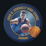 Navy Blue Gold Basketball Player Photo Magnet<br><div class="desc">This cool customized high school basketball player photo gift features gold typography of your team and player name on a navy blue magnet with a ball. Personalize with your student's photograph and class year as a proud sports parent.</div>