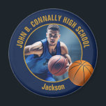 Navy Blue Gold Basketball Player Photo Magnet<br><div class="desc">This cool customized high school basketball player photo gift features gold typography of your team and player name on a navy blue magnet with a ball. Personalize with your student's photograph and class year as a proud sports parent.</div>