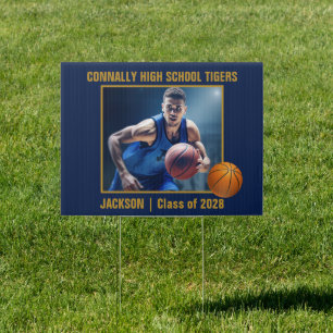 Navy Blue Gold Basketball Player Photo Yard Sign