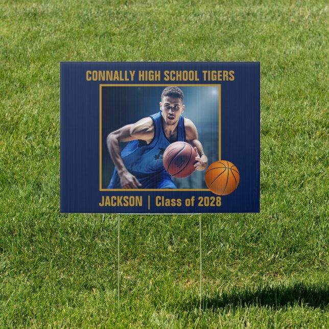 Navy Blue Gold Basketball Player Photo Yard Sign (Insitu)