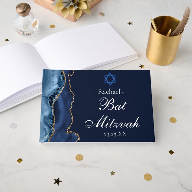 Navy Blue Gold Bat Mitzvah Party Personalized Guest Book (Front Open)