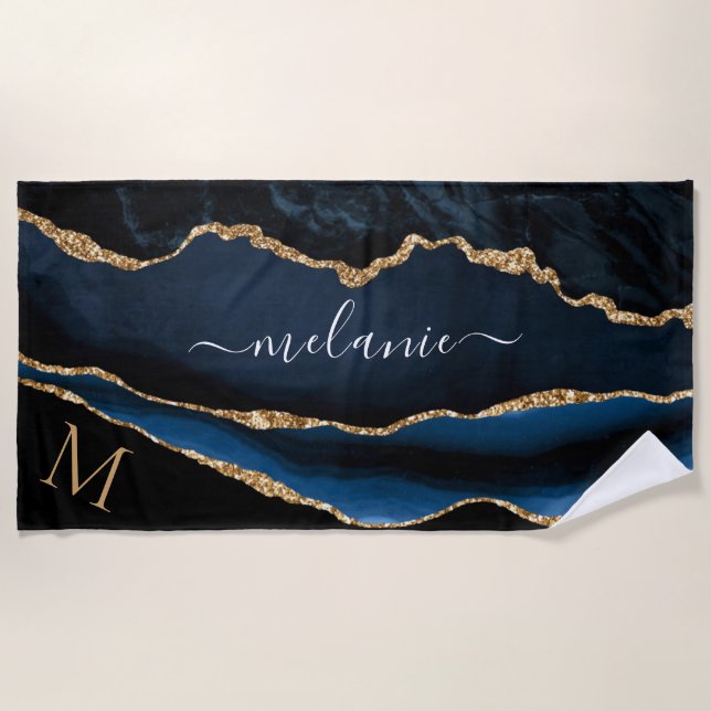Navy Blue Gold Beach Towel with Custom Name Letter (Front)