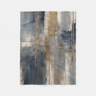 Navy Blue Gold Beige Abstract Watercolor Fleece Blanket
