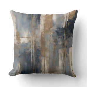 Navy Blue Gold Beige Abstract Watercolor Throw Pillow