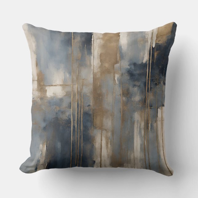 Navy Blue Gold Beige Abstract Watercolor Throw Pillow (Front)