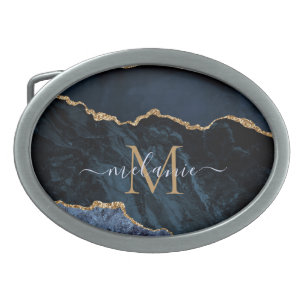 Navy Blue Gold Belt Buckle Custom Name and Letter