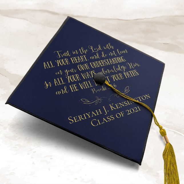 Navy Blue Gold Bible Verse Graduation Typography  Cap Topper (Creator Uploaded)