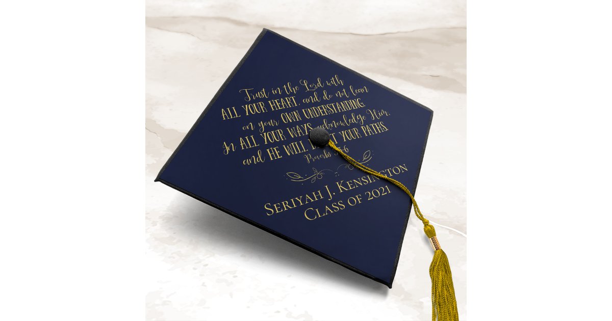 Navy Blue Gold Bible Verse Graduation Typography   Graduation Cap Topper