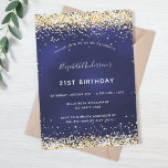 Navy blue gold birthday invitation<br><div class="desc">A modern,  stylish and glamorous invitation for a 21st (or any age) birthday party.  A navy blue background,  decorated with faux gold glitter dust. The blue color is uneven. Personalize and add your name and party details.</div>