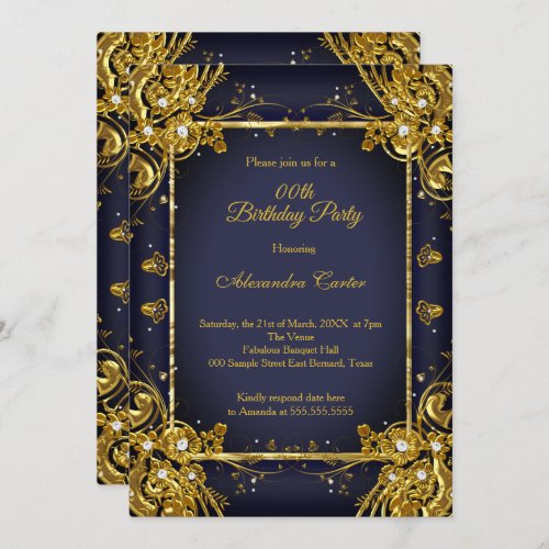 Navy Blue Gold Birthday Party Photo Diamond gem Invitation