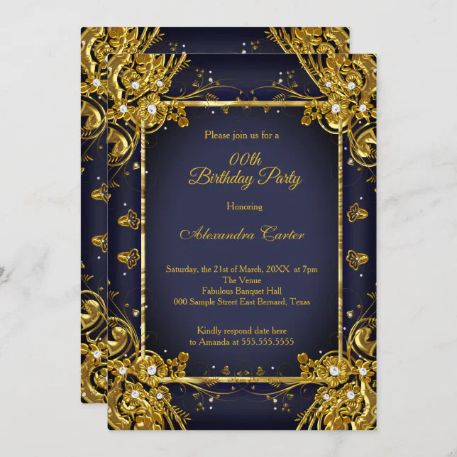 Navy Blue Gold Birthday Party Photo Diamond gem Invitation | Zazzle