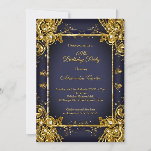 Navy Blue Gold Birthday Party Photo Diamond gem Invitation | Zazzle