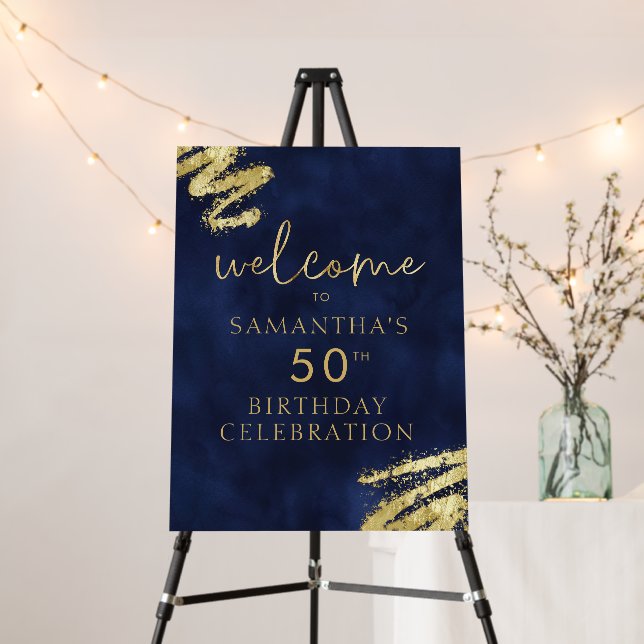 Navy Blue Gold Birthday Welcome Foam Board 18x24 (In Situ (Stand))
