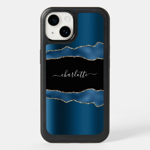 Navy blue gold black agate marble name OtterBox iPhone 14 case