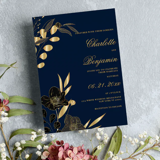 Navy blue gold black elegant floral wedding invitation | Zazzle