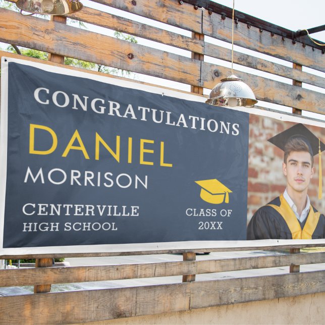 Navy Blue Gold Black Photo Graduate Graduation Banner (Creator Uploaded)
