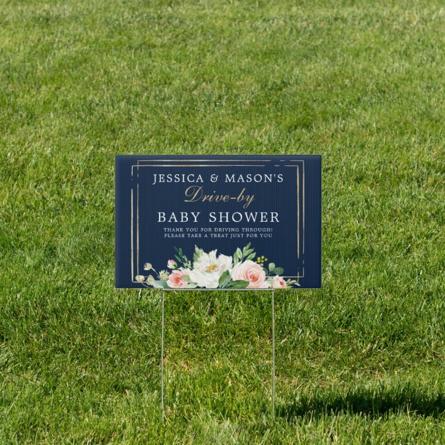Navy Blue Gold Blush Drive-By Shower Yard Sign (Insitu)