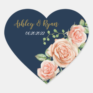 Navy Blue Gold Blush Floral Heart Sticker
